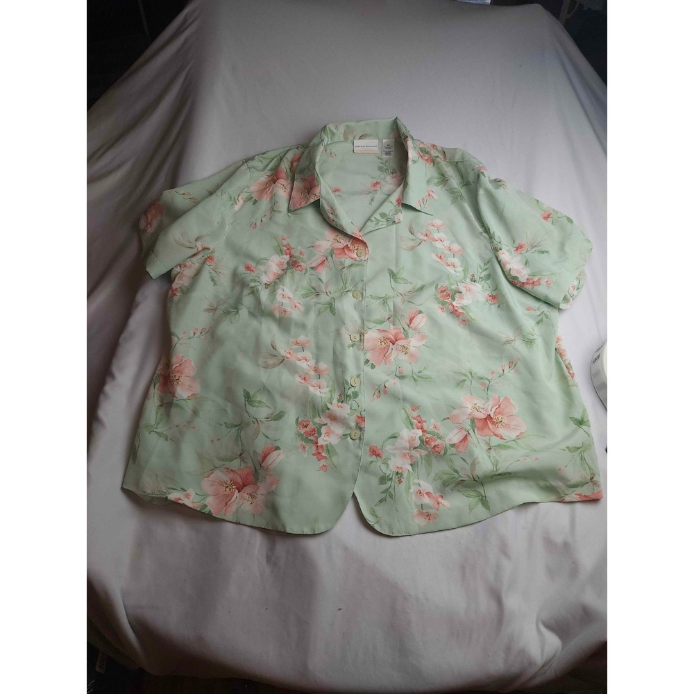 Alfred Dunner Woman Sage Green Floral Button Down Shirt Short Sleeve Size 24W